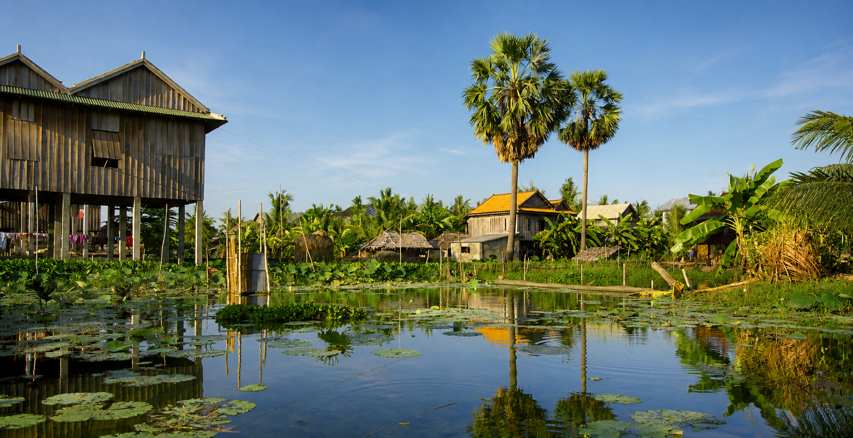 Village cambodgien sur pilotis au bord de l'eau, palmiers et reflets — ambiance authentique d'Asie du Sud-Est