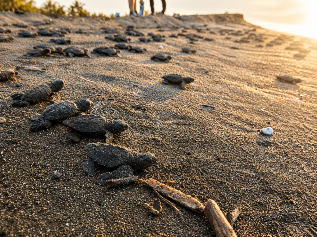 Bébés tortues rejoignant l'océan au Guatemala.