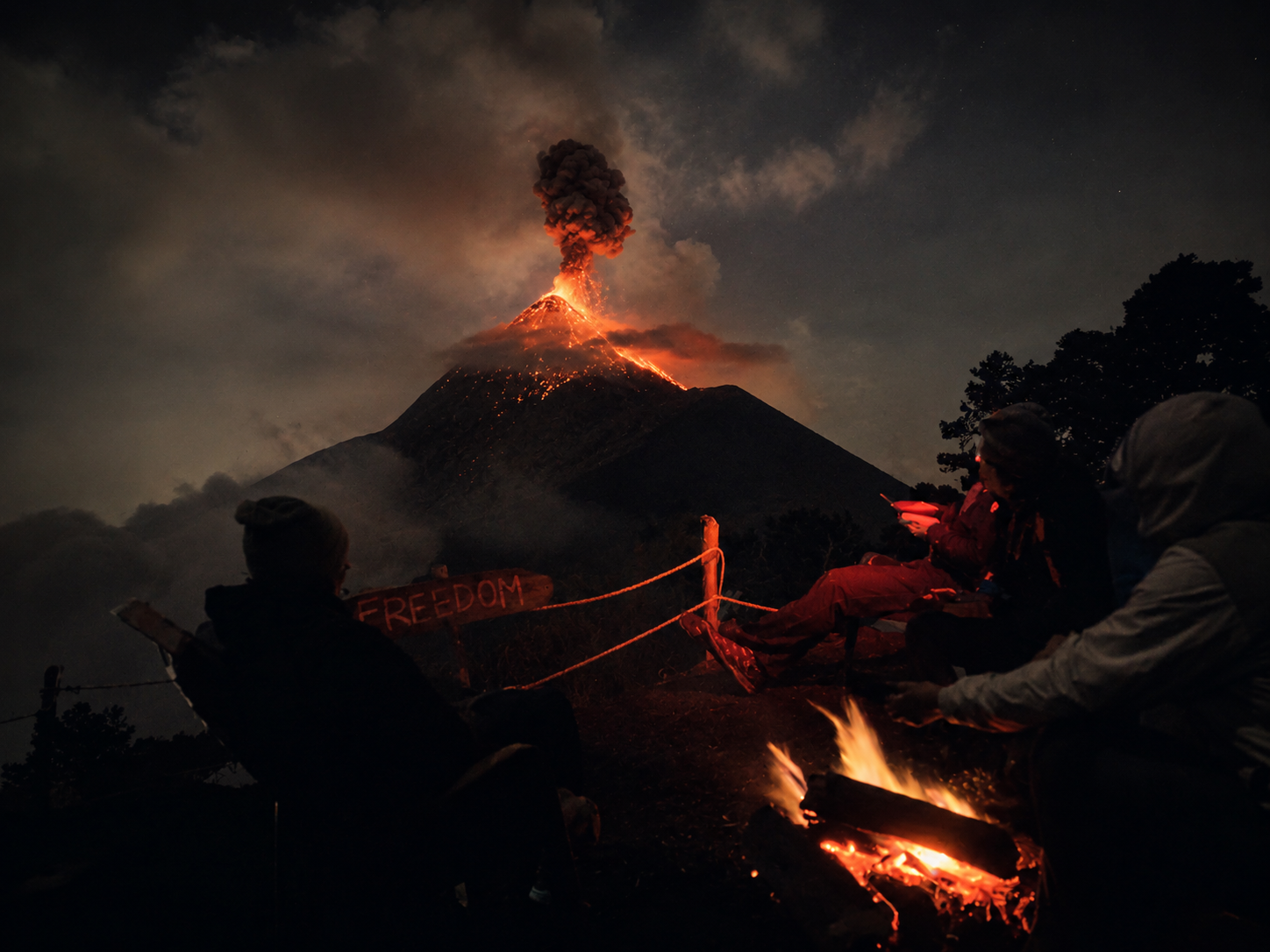 Volcan Fuego en éruption observé depuis l'Acatenango, Guatemala.